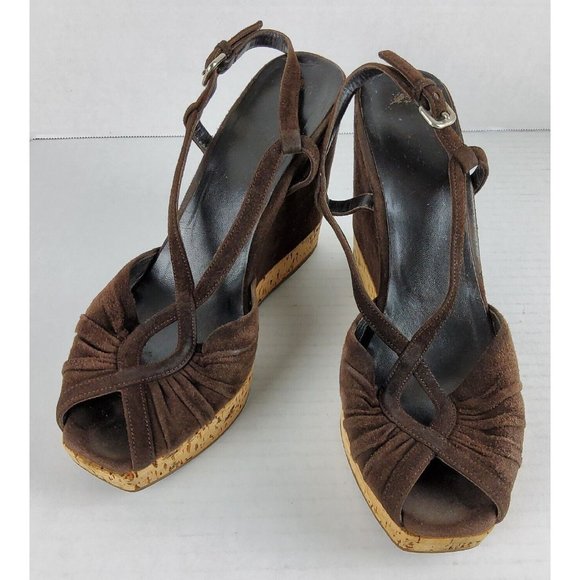 Prada Women's Platform Suede Leather Wedge Heels Sandals Shoes Size 39 - Picture 1 of 7
